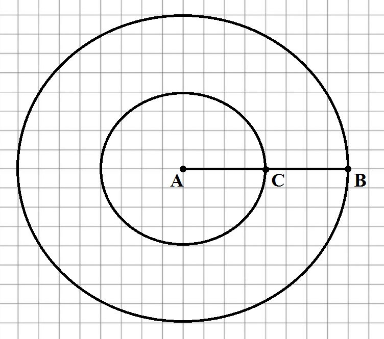 Середина отрезка окружности. Построй две окружности с общим центром. Поставили красивую точку в первом круге.